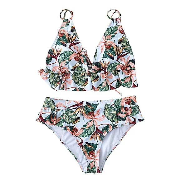 Tropical Palm High Waisted Ruffle Bikini Set - Picture 5 of 10